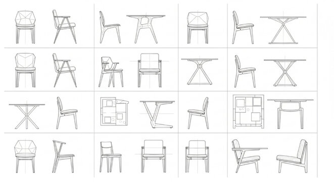 Modern Interior Furniture CAD Sections Vector Chairs Sofas Armchairs Technical Design Set