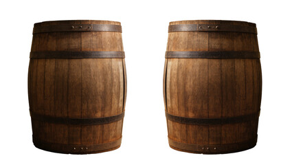 Obraz premium Two rustic wooden barrels with dark metal bands showcasing aged texture and craftsmanship, isolated on transparent background for beverage branding