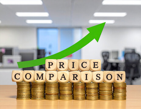 Holzklötze bilden das Wort "Price comparison" auf Münzstapel , mit einen steigenden grünen Pfeil.