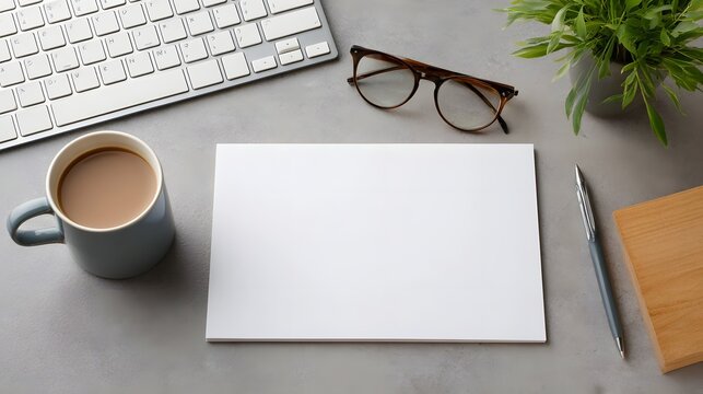 A modern minimalist workspace with a blank canvas and various office supplies