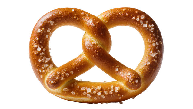 Golden baked pretzel bread with coarse salt crystals, perfectly isolated on transparent background for snack menus and food promotions