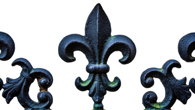 Ornate dark teal fleur-de-lis metal ornaments intricately detailed with swirling patterns, isolated on transparent background for decorative design elements