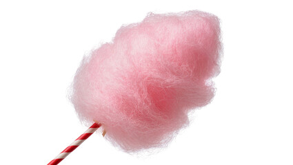 Naklejka premium Fluffy pink cotton candy cloud with a red and white striped stick, isolated on transparent background for festive treats and desserts