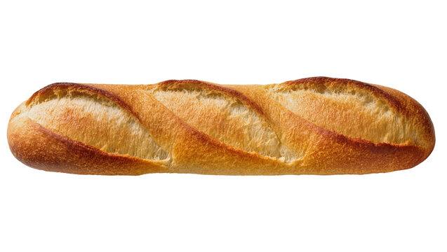 Rustic golden brown French baguette loaf with flaky crust and airy crumb, isolated on transparent background for culinary advertising and menus