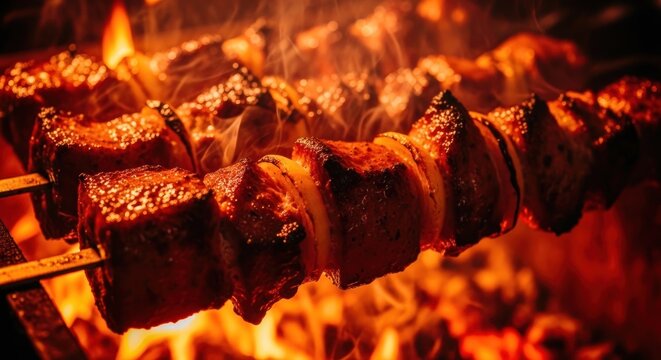 Grilled meat skewers sizzle over open flames on a barbecue