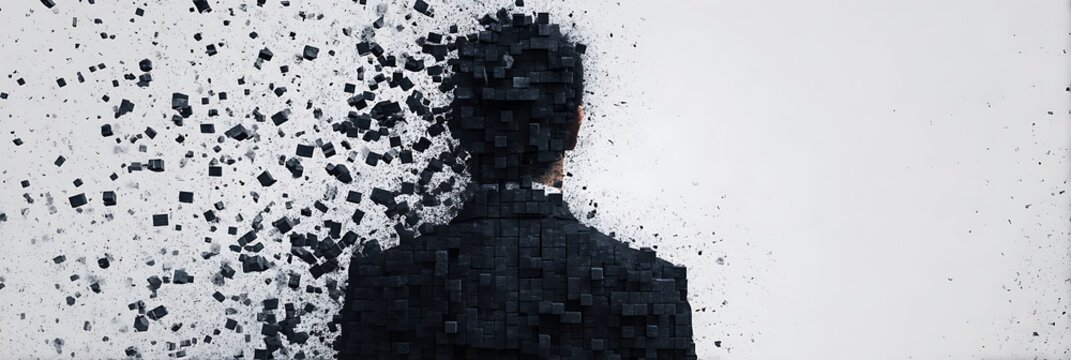 A digital silhouette of a person composed of black cubes disintegrates and scatters into the air against a white background.