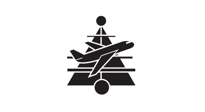 Black and white illustration of an airplane taking off from a stylized airport.