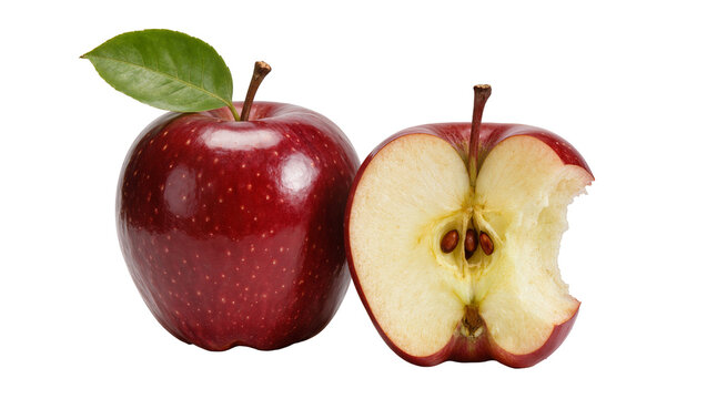 Vibrant crimson red apple with glossy skin next to a halved apple revealing juicy flesh and seeds, isolated on transparent background for healthy eating