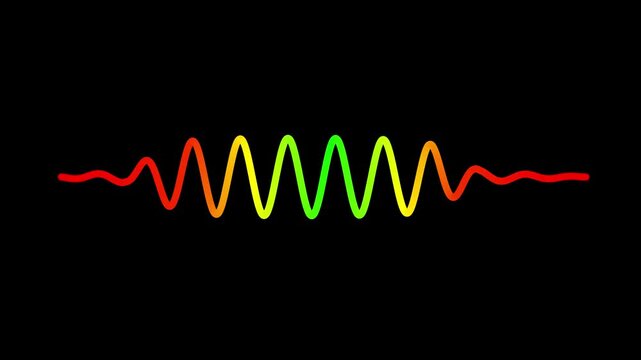 An animated wave pack with a rainbow gradient on a black background. Modulated sinusoidal envelope. Colorful outline of the sound visualization.