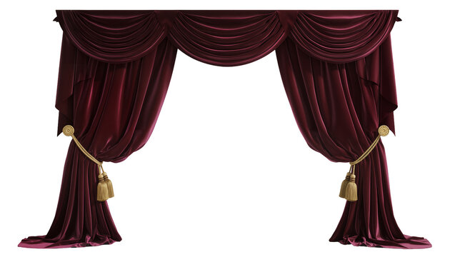 Luxurious burgundy velvet stage curtains with ornate golden tassels and rope ties, elegantly draped and isolated on transparent background for theatrical designs
