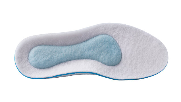Gray textured orthopedic insole with blue gel support and vibrant blue trim, isolated on transparent background for medical product displays