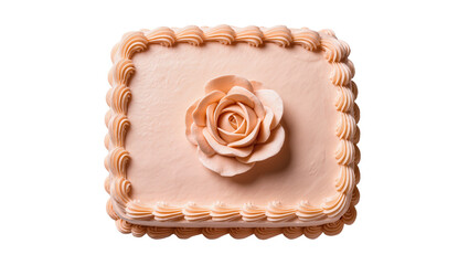 Rectangular peach cake with elaborate buttercream rose decoration, isolated on transparent...