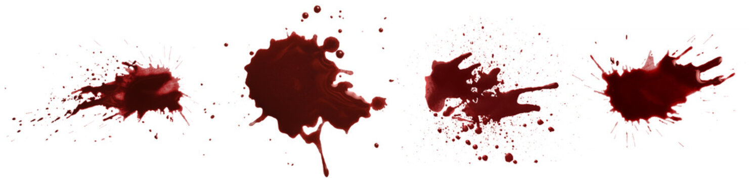 A stark collection of realistic blood splatters and drops, showcasing various patterns and intensities in a compelling.