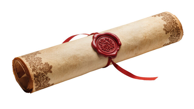Antique parchment scroll tied with crimson ribbon sealed with ornate red wax stamp, isolated on transparent background for historical documents