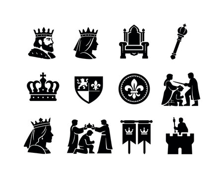 Medieval Kings and Queens. Solid icon set of Medieval Kings and Queens: crowned king portrait, crowned queen portrait, medieval monarch throne, royal scepter,