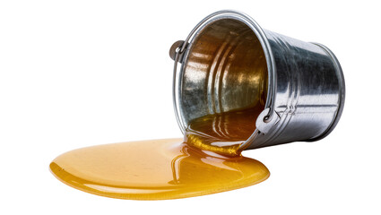 Metallic silver paint bucket tipping spilling viscous golden yellow liquid, isolated on transparent background for industrial or construction projects © Patricia