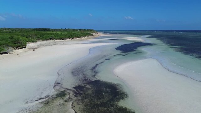 Cinematic drone view of a pristine white sandbank at low tide surrounded by crystal clear water and dense green tropical nature creating a serene and untouched coastal landscape, Philippines Bantayan