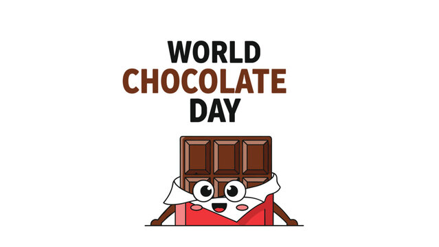 Festive World Chocolate Day greeting featuring a happy cartoon chocolate bar character in an open red wrapper on a white background.