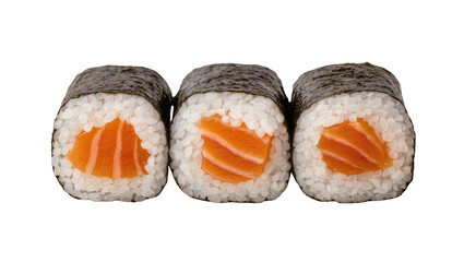 Three perfectly formed salmon maki sushi rolls with glistening nori seaweed rice and vibrant orange fish, isolated on transparent background for menus © Patricia