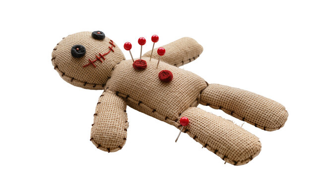 Creepy burlap voodoo doll with red pushpins stuck in its body face stitched with black thread, isolated on transparent background for spooky designs