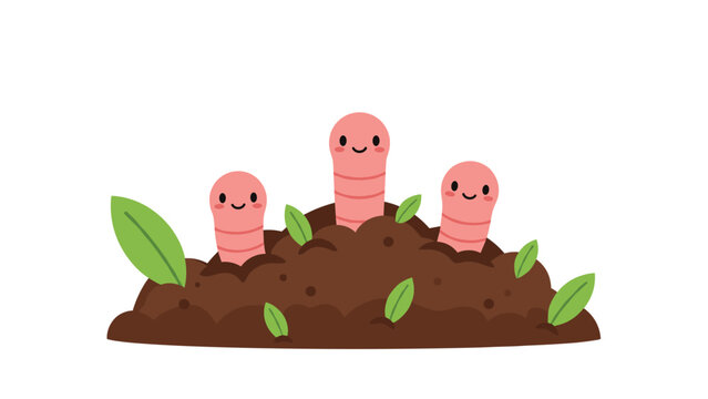 Three adorable smiling pink worm characters emerging from a pile of dark brown soil with green leaves scattered around.