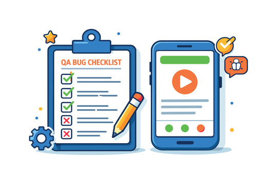 QA tester bug checklist showing a clipboard with checked and unchecked items next to a simple app screen, expressing structured testing workflow and progress