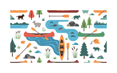 Naklejka premium canoe lake motifs seamless pattern, repeating pattern, surface design, textile print, modern illustration of kayaks, canoes, paddles, rivers, lakes, wildlife,
