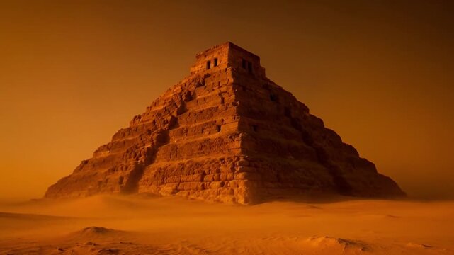 Ancient pyramid structure in desert landscape under warm atmospheric lighting