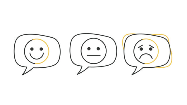 Three speech bubbles featuring simple emoji faces that represent happy, neutral, and sad emotional states for feedback on white background.