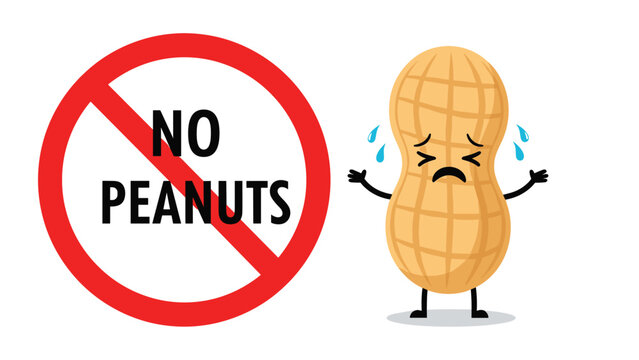 No peanuts warning sign featuring a crying cartoon peanut character with sweat drops next to a red prohibition circle with bold black text.