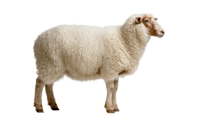 Fluffy cream-colored sheep with woolly fleece and brown face, standing calmly isolated on transparent background for farm animal designs © Patricia