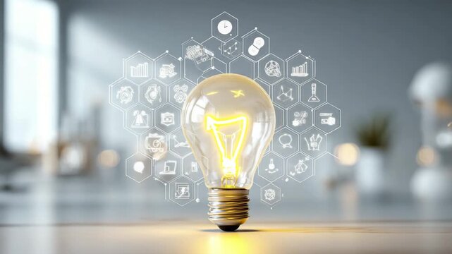 A video showcasing a bright light bulb with innovative ideas and concepts surrounding it in a modern office space