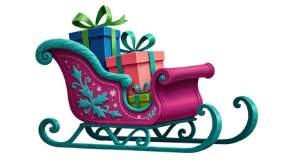 Fototapeta premium Festive magenta sleigh decorated with vibrant blue red and green presents adorned with holly leaves and sparkling stars, isolated on transparent background for holiday designs