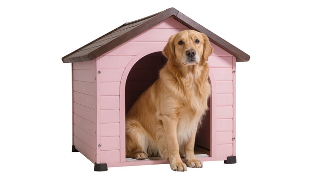 Golden Retriever dog sitting attentively near a pink wooden doghouse with brown roof, isolated on transparent background for pet care promotions