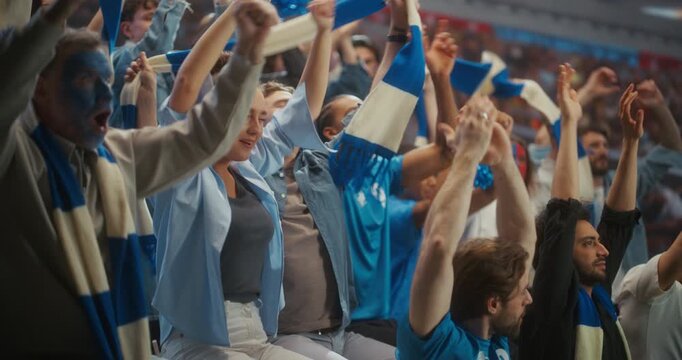 Happy Soccer Supporters Celebrate in a Packed Stadium During a Professional League Match and Major International Tournament, With Joyful Fan Portraits, Raised Arms, Lively Championship Crowd.