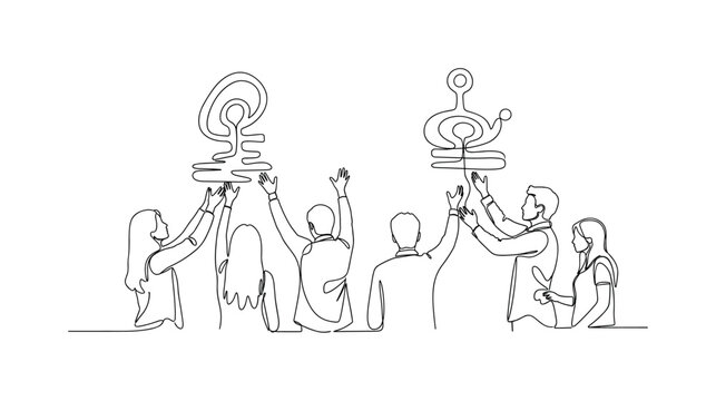 Ancient Worship. Minimalistic one-line drawing individuals raising hands toward symbolic structures, continuous single black line on white background, simple