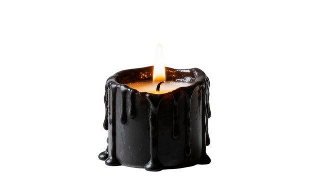 Gothic black dripping candle with flickering flame, elegantly isolated on transparent background for Halloween or dark ambiance designs