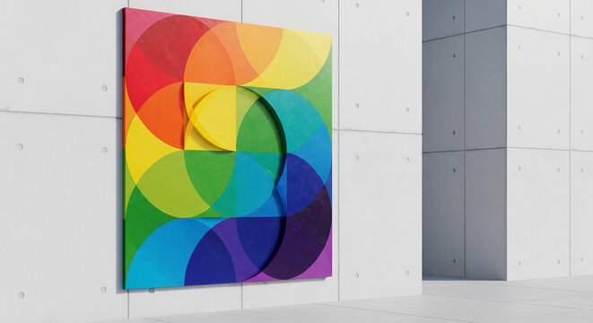 Image of colorful geometric art with a circle pattern hanging on a concrete wall, representing artistic expression, modern design and architectural detail
