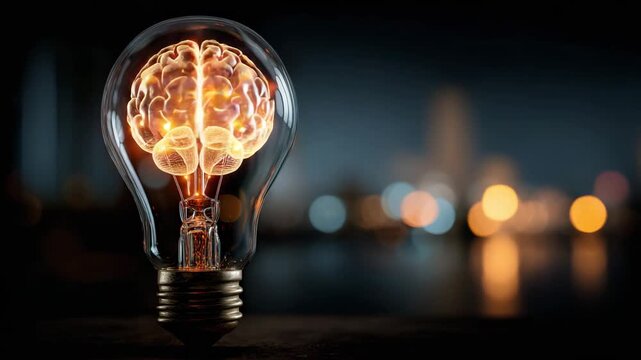 A glowing light bulb with a brain inside represents a brilliant idea in a dark cityscape at night in this creative video