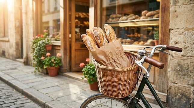 Fresh baguettes in bike basket, French bakery storefront, Vintage bicycle with bread
