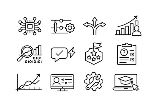 Adaptive Learning. Line icon set of Adaptive Learning: smart algorithm, difficulty adjustment, branching paths, learner progress, data driven insights, real