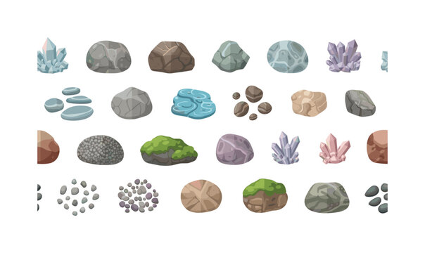 stone textures patterns seamless pattern, repeating pattern, surface design, textile print, modern illustration of stones, pebbles, boulders, moss, crystals,