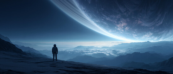 Fototapeta premium Minimal Lone Astronaut Facing Infinite Deep Space with Distant Planet – Futuristic Sci-Fi Background with Copy Space