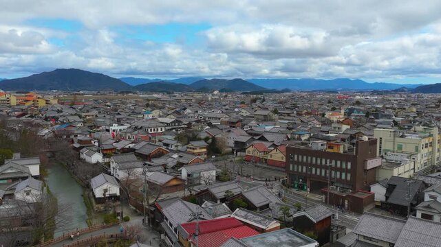 Omihachiman City in Shiga Prefecture, Japan. Aerial Establishing Shot 4k