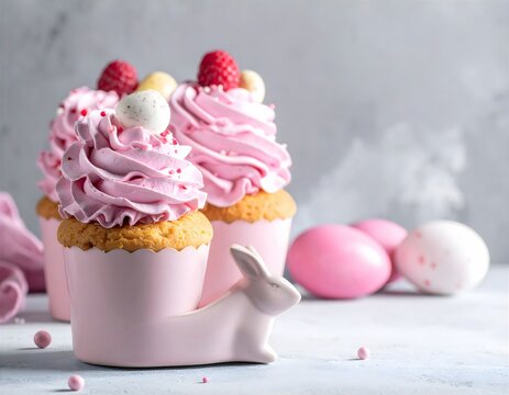 Himbeer-Cupcakes mit Osterdekoration zu Ostern.