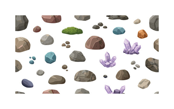 cobblestone icons seamless pattern, repeating pattern, surface design, textile print, modern illustration of rocks, stones, boulders, pebbles, moss patches,