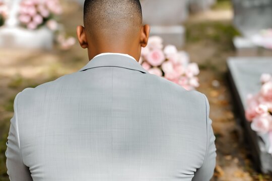 Rear view man at graveside with floral tributes in cemetery