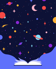 Obraz premium Book, Imagination, Dreams. Cosmos book, space imagination. Open book storybook for children. Imagination magic world. Open library fantasy dream and storytelling. Vector Illustration