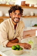 Fototapeta premium Man smiling while holding drink at kitchen counter