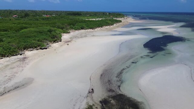 Cinematic drone view of a pristine white sandbank at low tide surrounded by crystal clear water and dense green tropical nature creating a serene and untouched coastal landscape, Philippines Bantayan